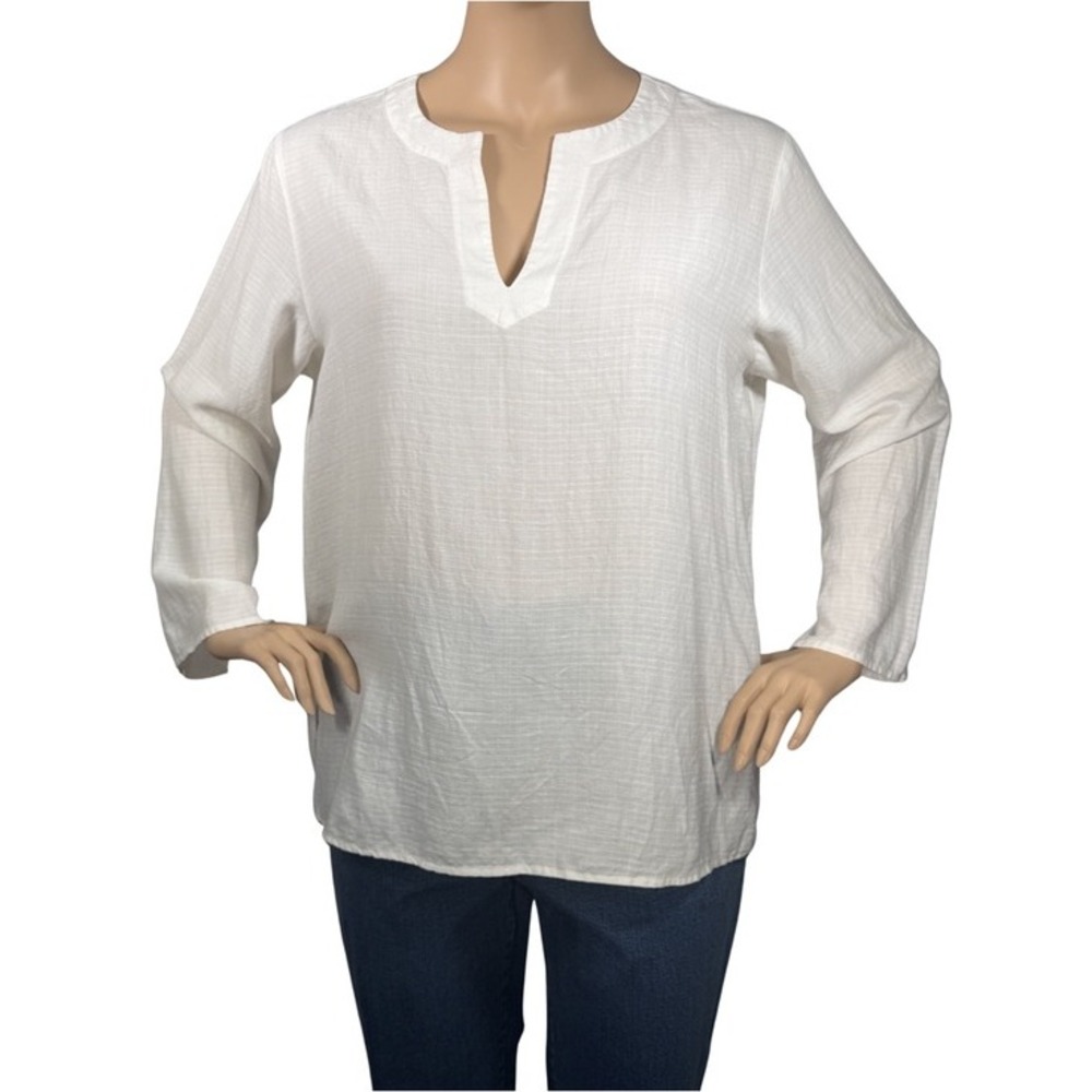 Eileen Fisher Woman White Viscose Linen Split Neck Long Sleeve Top 2X
